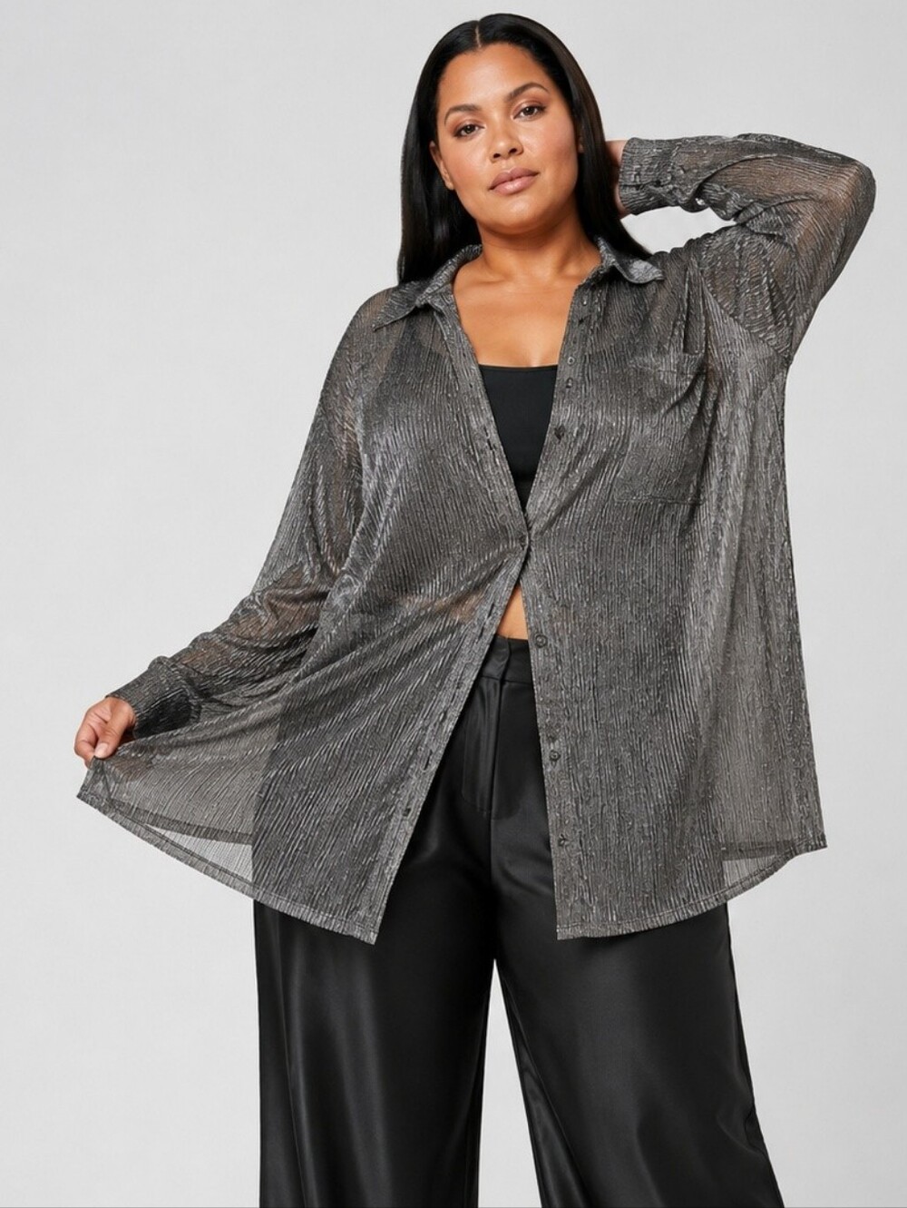 Pilcro Metallic Sheer Oversized Button Down Shirt Relaxed Layering Top 3X